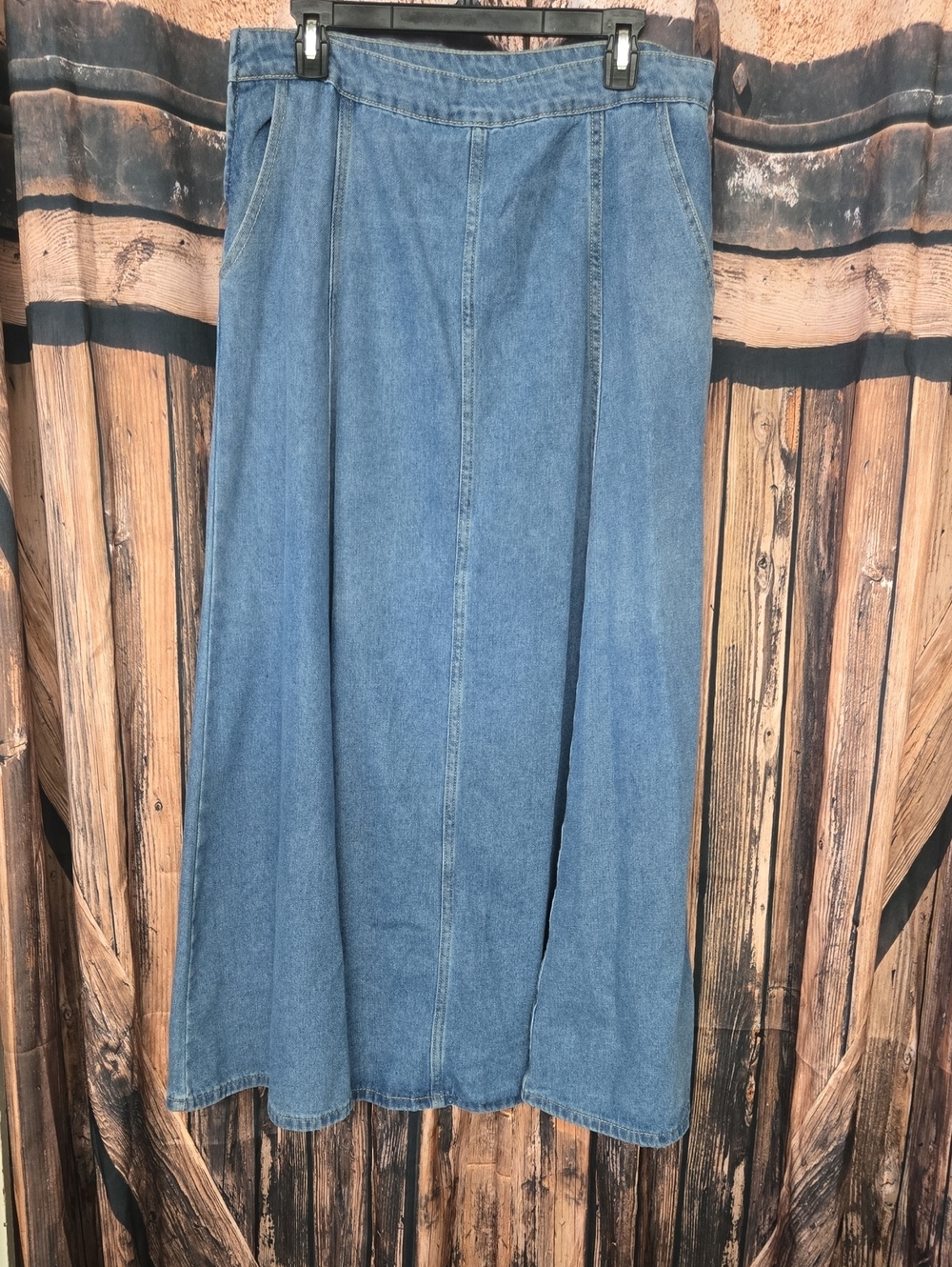 Classic Blue Denim A-Line Maxi Skirt, With Pockets & Side Zip